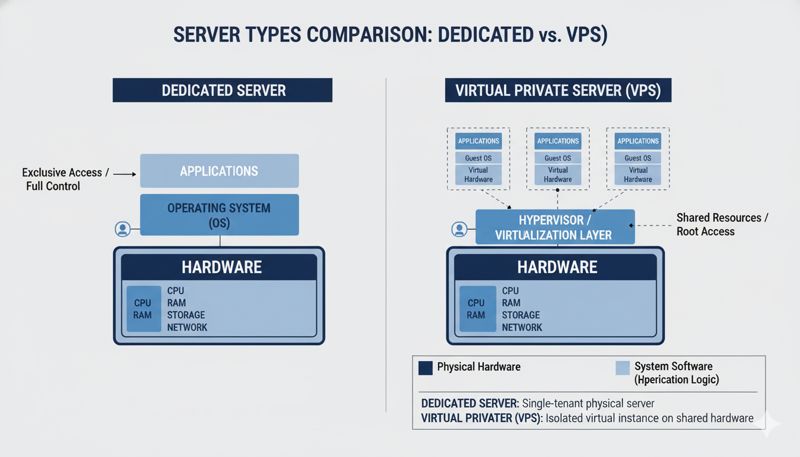 Схема, сравнивающая выделенный и виртуальный сервер (VPS)