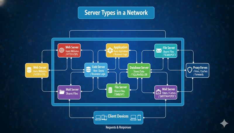 Схематичное изображение различных типов серверов в сети