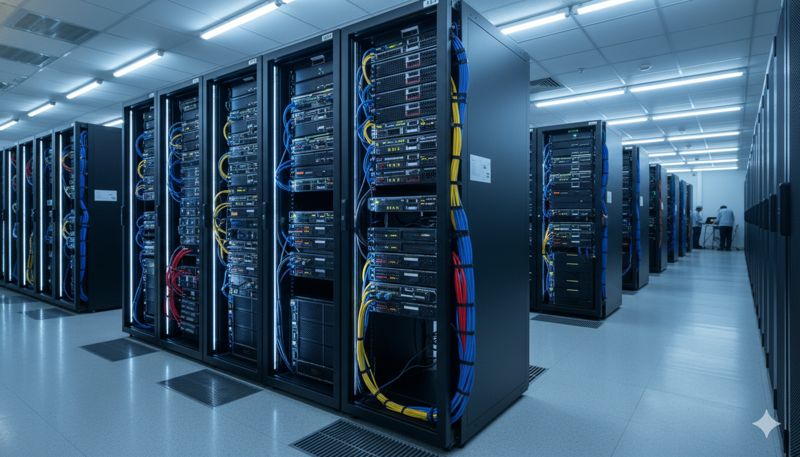 Изображение серверной стойки, наполненной оборудованием