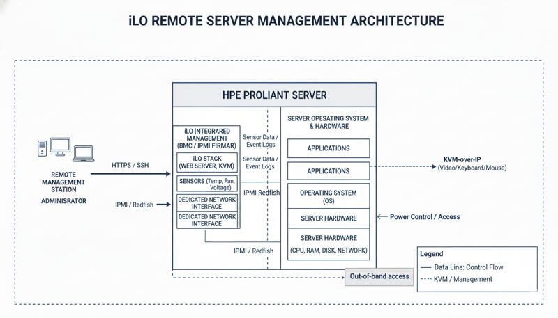 Схематичное изображение работы iLO для удаленного управления сервером