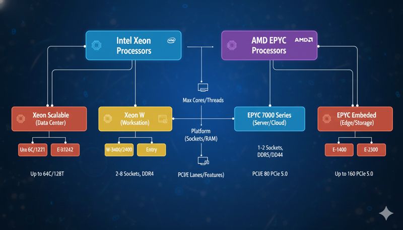 Сравнение характеристик серверных процессоров Intel Xeon и AMD EPYC